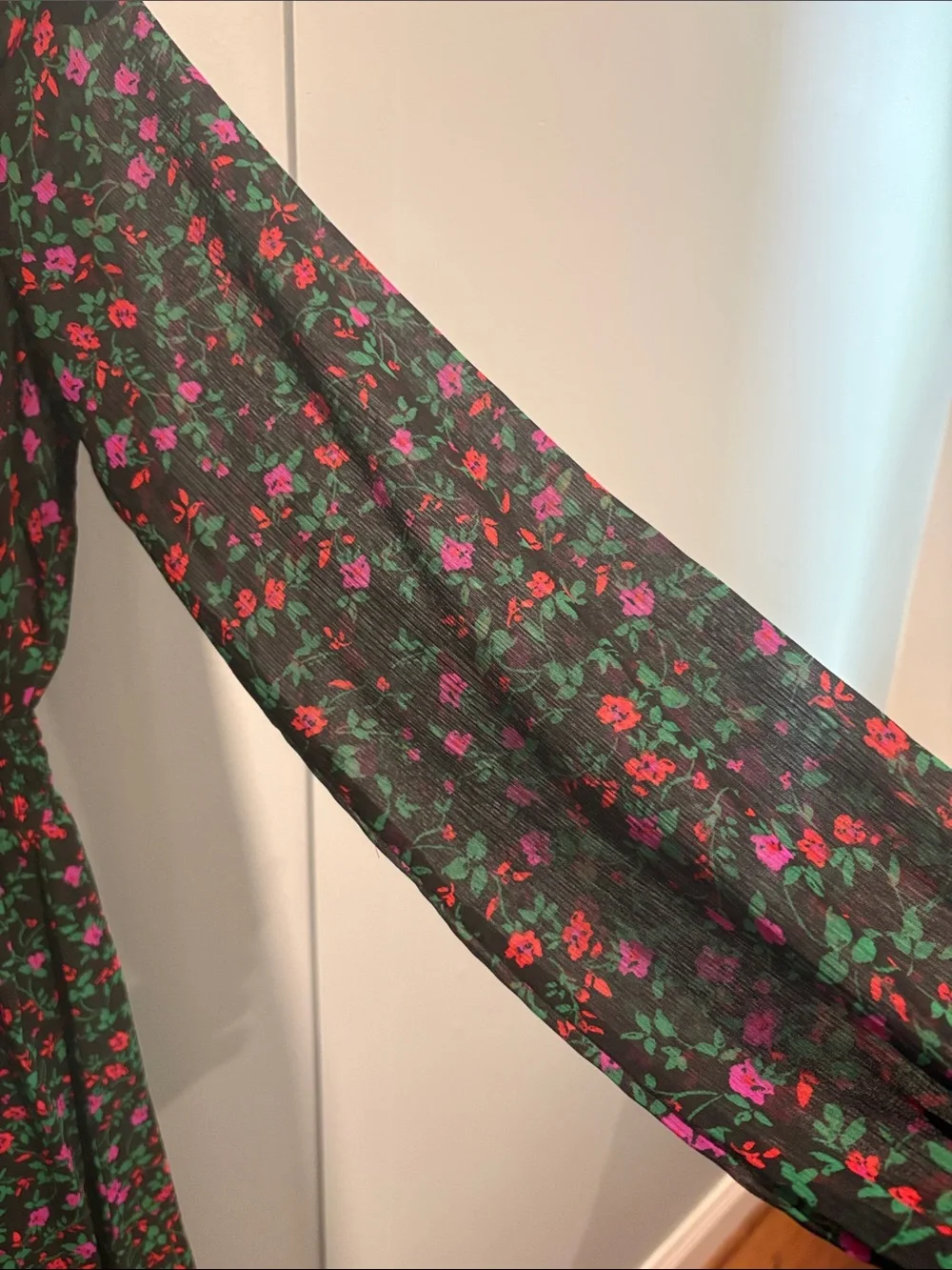 Ladies' Black Floral Midi Dress with Magenta & Red Blooms